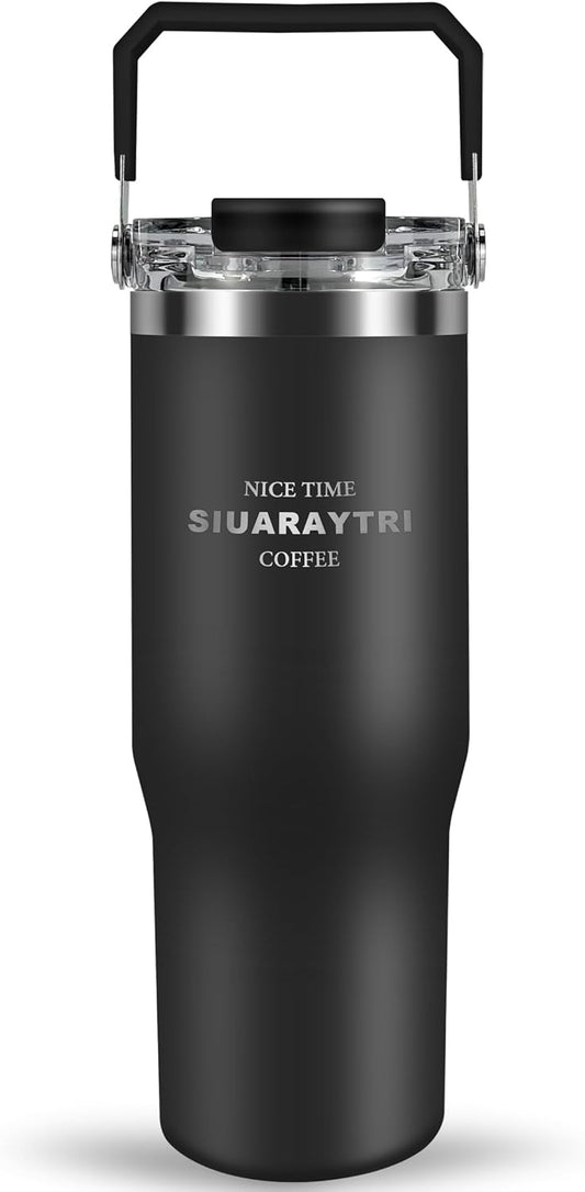 30 oz Insulated Tumbler with Handle and Flip Straw Lid - 100% Leak Proof Stainless Steel Water Bottle - Vacuum Sealed Travel Mug for Iced Coffee & Tea - Cupholder Friendly & BPA Free