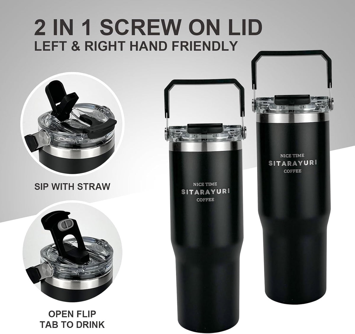 30 oz Insulated Tumbler with Handle and Flip Straw Lid - 100% Leak Proof Stainless Steel Water Bottle - Vacuum Sealed Travel Mug for Iced Coffee & Tea - Cupholder Friendly & BPA Free