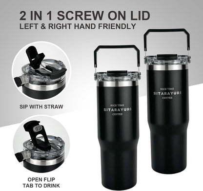 30 oz Insulated Tumbler with Handle and Flip Straw Lid - 100% Leak Proof Stainless Steel Water Bottle - Vacuum Sealed Travel Mug for Iced Coffee & Tea - Cupholder Friendly & BPA Free