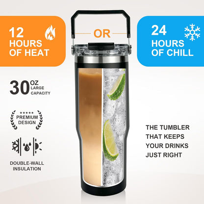 30 oz Insulated Tumbler with Handle and Flip Straw Lid - 100% Leak Proof Stainless Steel Water Bottle - Vacuum Sealed Travel Mug for Iced Coffee & Tea - Cupholder Friendly & BPA Free