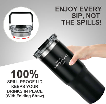 30 oz Insulated Tumbler with Handle and Flip Straw Lid - 100% Leak Proof Stainless Steel Water Bottle - Vacuum Sealed Travel Mug for Iced Coffee & Tea - Cupholder Friendly & BPA Free