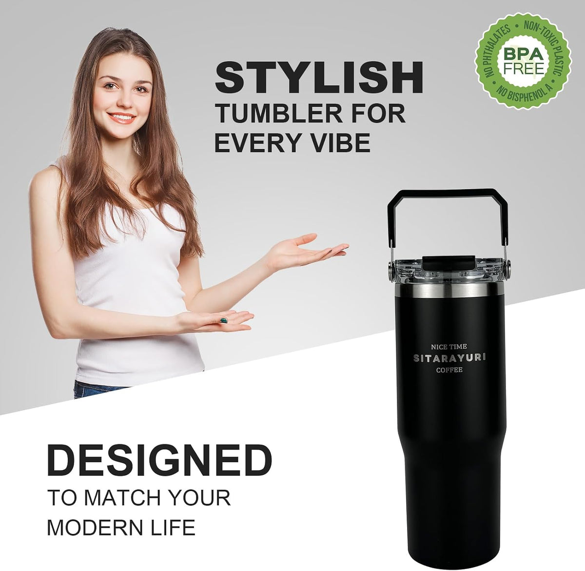 30 oz Insulated Tumbler with Handle and Flip Straw Lid - 100% Leak Proof Stainless Steel Water Bottle - Vacuum Sealed Travel Mug for Iced Coffee & Tea - Cupholder Friendly & BPA Free