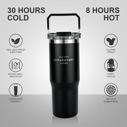 30 oz Insulated Tumbler with Handle and Flip Straw Lid - 100% Leak Proof Stainless Steel Water Bottle - Vacuum Sealed Travel Mug for Iced Coffee & Tea - Cupholder Friendly & BPA Free