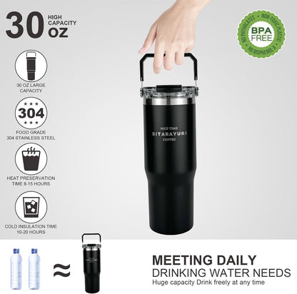 30 oz Insulated Tumbler with Handle and Flip Straw Lid - 100% Leak Proof Stainless Steel Water Bottle - Vacuum Sealed Travel Mug for Iced Coffee & Tea - Cupholder Friendly & BPA Free