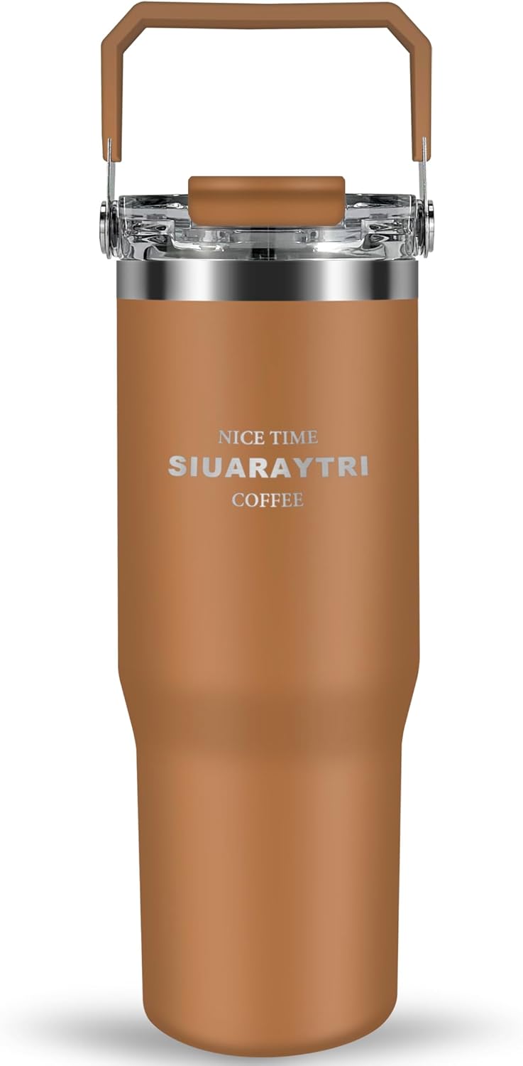 30 oz Insulated Tumbler with Handle and Flip Straw Lid - 100% Leak Proof Stainless Steel Water Bottle - Vacuum Sealed Travel Mug for Iced Coffee & Tea - Cupholder Friendly & BPA Free