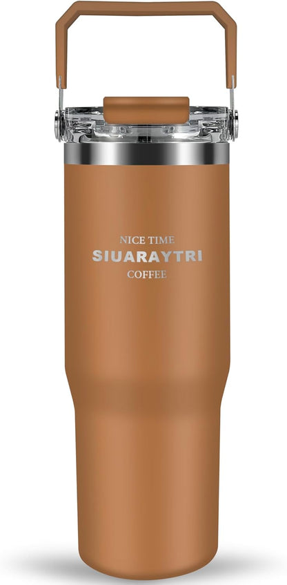 30 oz Insulated Tumbler with Handle and Flip Straw Lid - 100% Leak Proof Stainless Steel Water Bottle - Vacuum Sealed Travel Mug for Iced Coffee & Tea - Cupholder Friendly & BPA Free