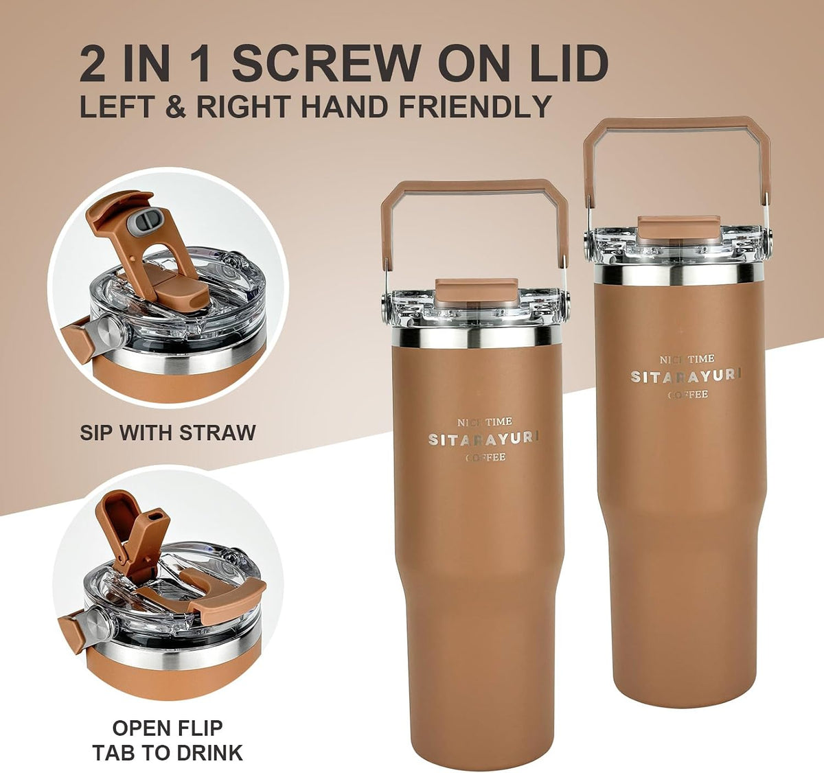 30 oz Insulated Tumbler with Handle and Flip Straw Lid - 100% Leak Proof Stainless Steel Water Bottle - Vacuum Sealed Travel Mug for Iced Coffee & Tea - Cupholder Friendly & BPA Free