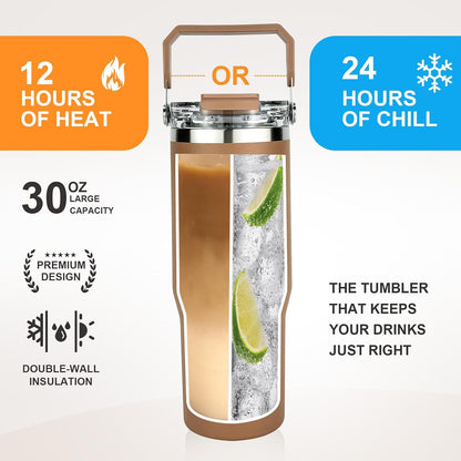 30 oz Insulated Tumbler with Handle and Flip Straw Lid - 100% Leak Proof Stainless Steel Water Bottle - Vacuum Sealed Travel Mug for Iced Coffee & Tea - Cupholder Friendly & BPA Free