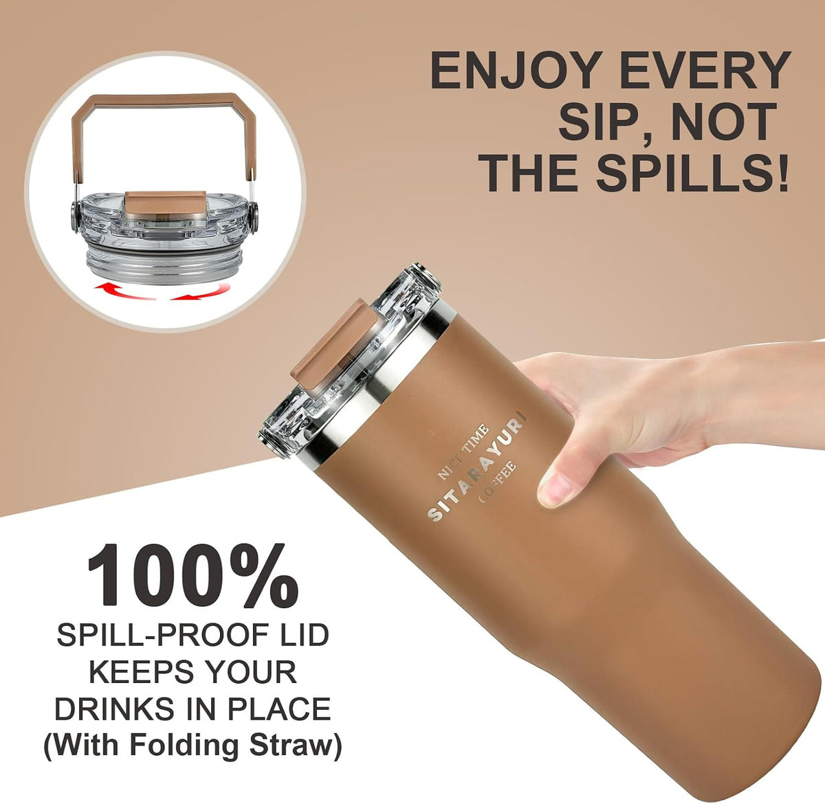 30 oz Insulated Tumbler with Handle and Flip Straw Lid - 100% Leak Proof Stainless Steel Water Bottle - Vacuum Sealed Travel Mug for Iced Coffee & Tea - Cupholder Friendly & BPA Free