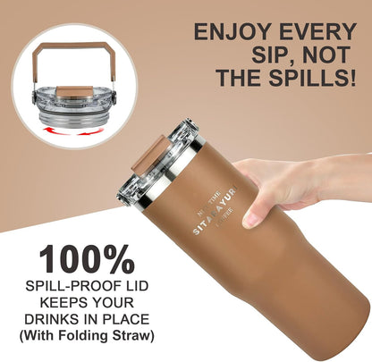 30 oz Insulated Tumbler with Handle and Flip Straw Lid - 100% Leak Proof Stainless Steel Water Bottle - Vacuum Sealed Travel Mug for Iced Coffee & Tea - Cupholder Friendly & BPA Free
