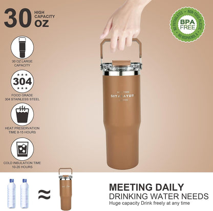30 oz Insulated Tumbler with Handle and Flip Straw Lid - 100% Leak Proof Stainless Steel Water Bottle - Vacuum Sealed Travel Mug for Iced Coffee & Tea - Cupholder Friendly & BPA Free