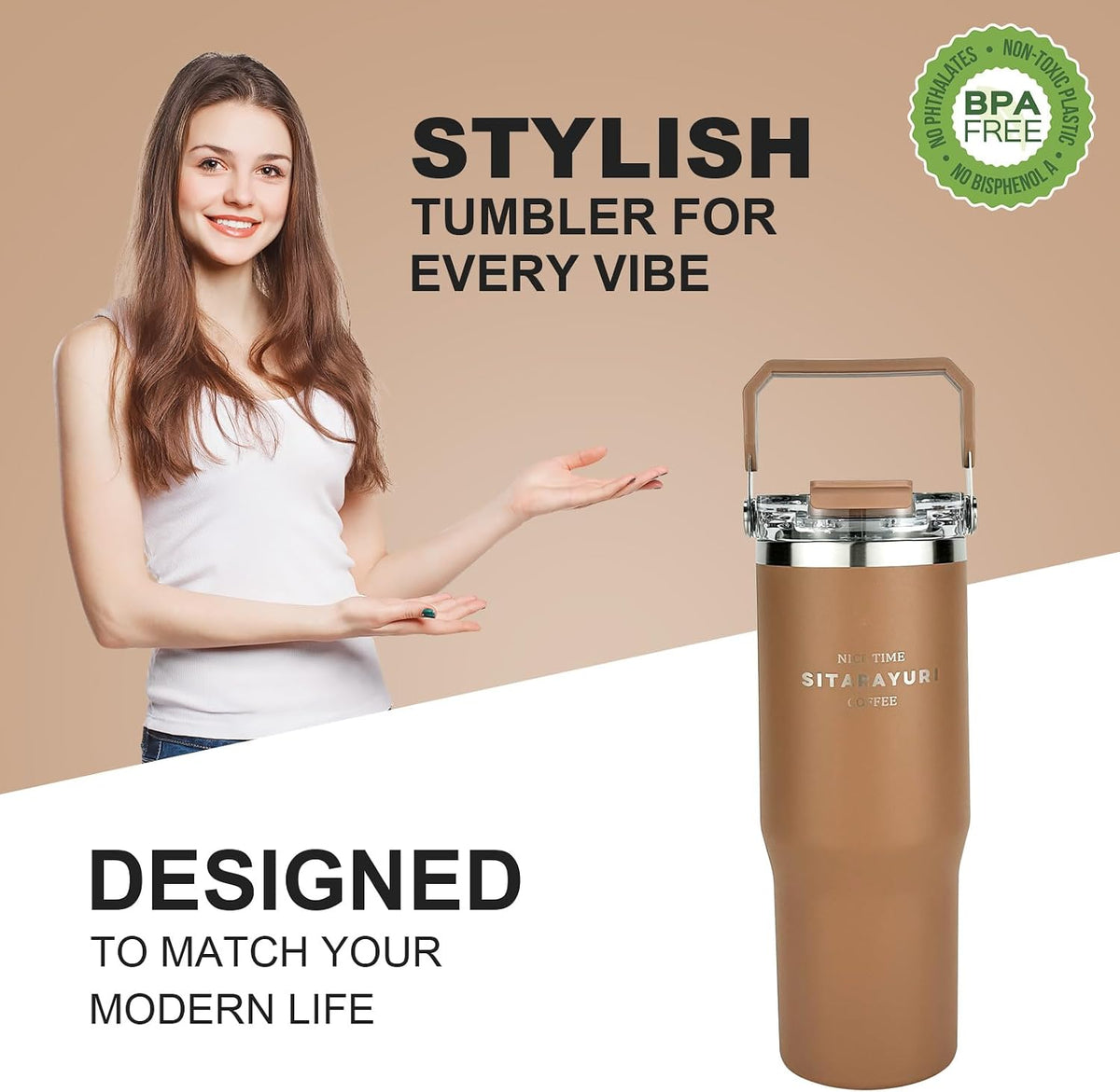 30 oz Insulated Tumbler with Handle and Flip Straw Lid - 100% Leak Proof Stainless Steel Water Bottle - Vacuum Sealed Travel Mug for Iced Coffee & Tea - Cupholder Friendly & BPA Free