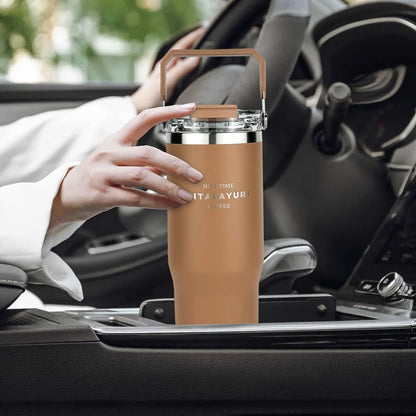 30 oz Insulated Tumbler with Handle and Flip Straw Lid - 100% Leak Proof Stainless Steel Water Bottle - Vacuum Sealed Travel Mug for Iced Coffee & Tea - Cupholder Friendly & BPA Free