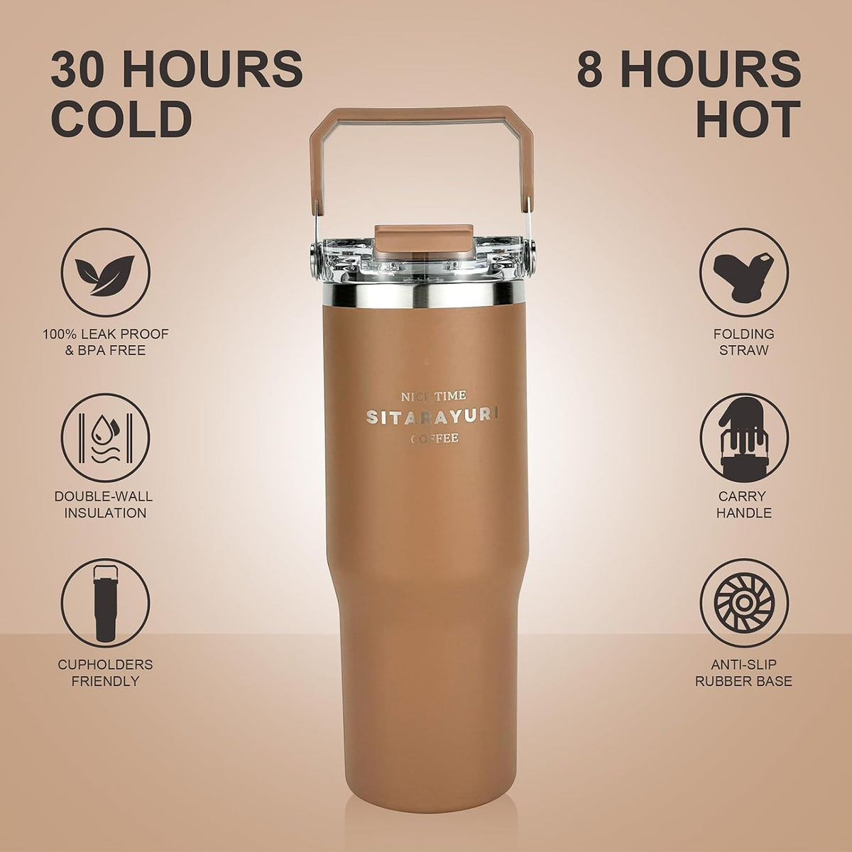 30 oz Insulated Tumbler with Handle and Flip Straw Lid - 100% Leak Proof Stainless Steel Water Bottle - Vacuum Sealed Travel Mug for Iced Coffee & Tea - Cupholder Friendly & BPA Free