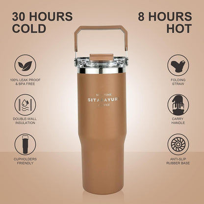 30 oz Insulated Tumbler with Handle and Flip Straw Lid - 100% Leak Proof Stainless Steel Water Bottle - Vacuum Sealed Travel Mug for Iced Coffee & Tea - Cupholder Friendly & BPA Free