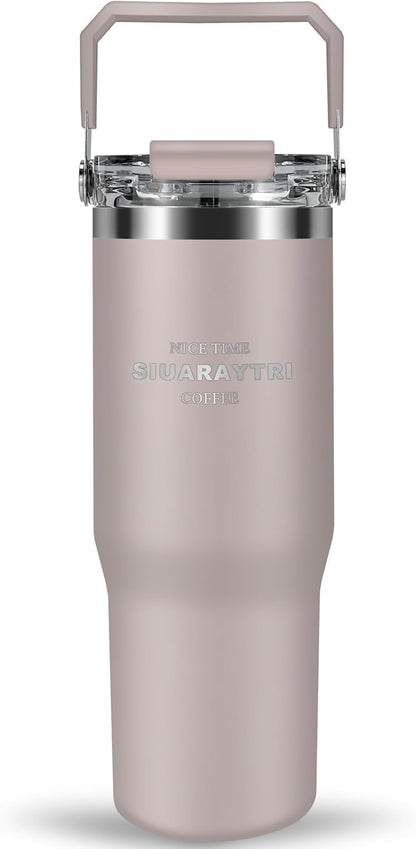 30 oz Insulated Tumbler with Handle and Flip Straw Lid - 100% Leak Proof Stainless Steel Water Bottle - Vacuum Sealed Travel Mug for Iced Coffee & Tea - Cupholder Friendly & BPA Free