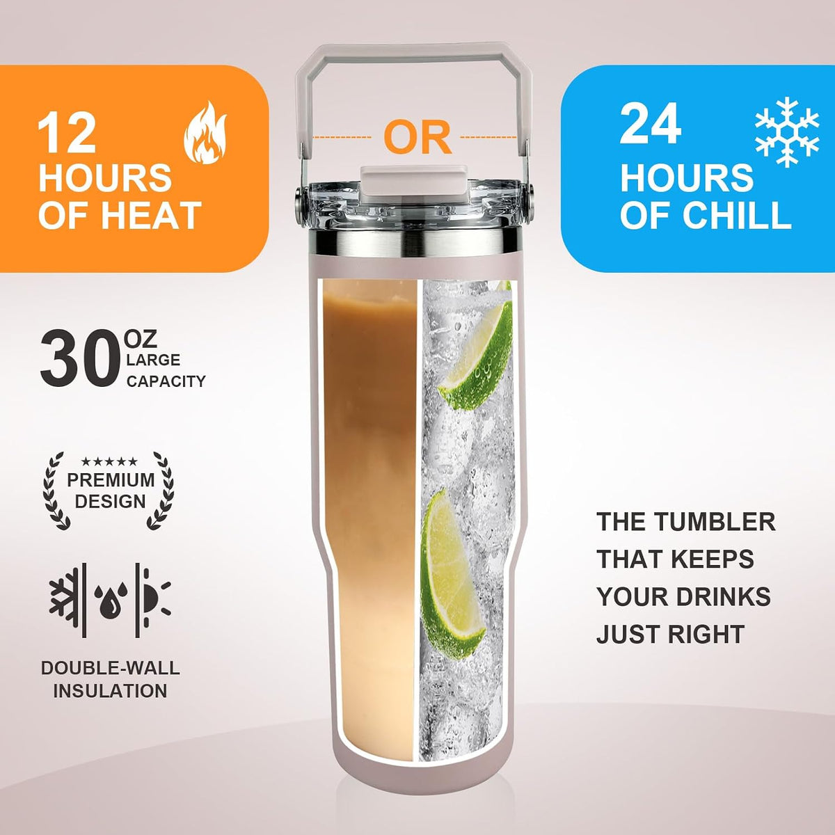 30 oz Insulated Tumbler with Handle and Flip Straw Lid - 100% Leak Proof Stainless Steel Water Bottle - Vacuum Sealed Travel Mug for Iced Coffee & Tea - Cupholder Friendly & BPA Free