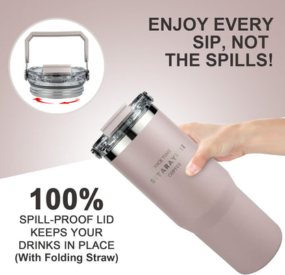 30 oz Insulated Tumbler with Handle and Flip Straw Lid - 100% Leak Proof Stainless Steel Water Bottle - Vacuum Sealed Travel Mug for Iced Coffee & Tea - Cupholder Friendly & BPA Free