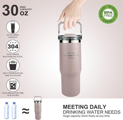 30 oz Insulated Tumbler with Handle and Flip Straw Lid - 100% Leak Proof Stainless Steel Water Bottle - Vacuum Sealed Travel Mug for Iced Coffee & Tea - Cupholder Friendly & BPA Free
