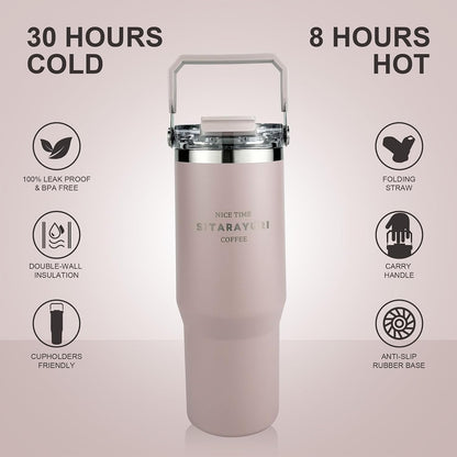 30 oz Insulated Tumbler with Handle and Flip Straw Lid - 100% Leak Proof Stainless Steel Water Bottle - Vacuum Sealed Travel Mug for Iced Coffee & Tea - Cupholder Friendly & BPA Free