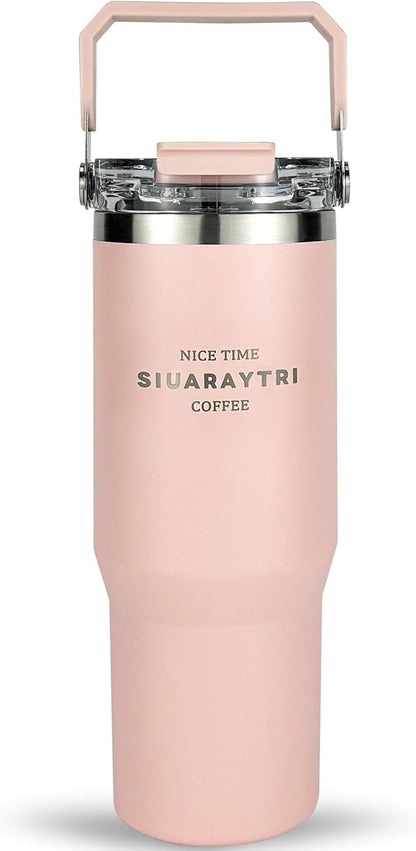 30 oz Insulated Tumbler with Handle and Flip Straw Lid - 100% Leak Proof Stainless Steel Water Bottle - Vacuum Sealed Travel Mug for Iced Coffee & Tea - Cupholder Friendly & BPA Free