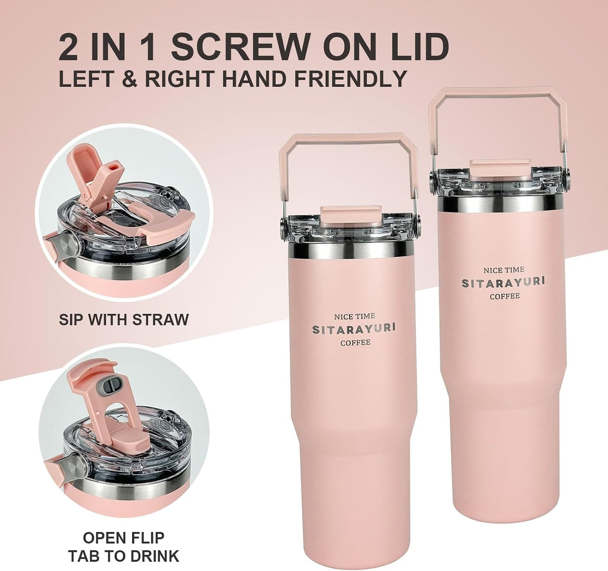 30 oz Insulated Tumbler with Handle and Flip Straw Lid - 100% Leak Proof Stainless Steel Water Bottle - Vacuum Sealed Travel Mug for Iced Coffee & Tea - Cupholder Friendly & BPA Free
