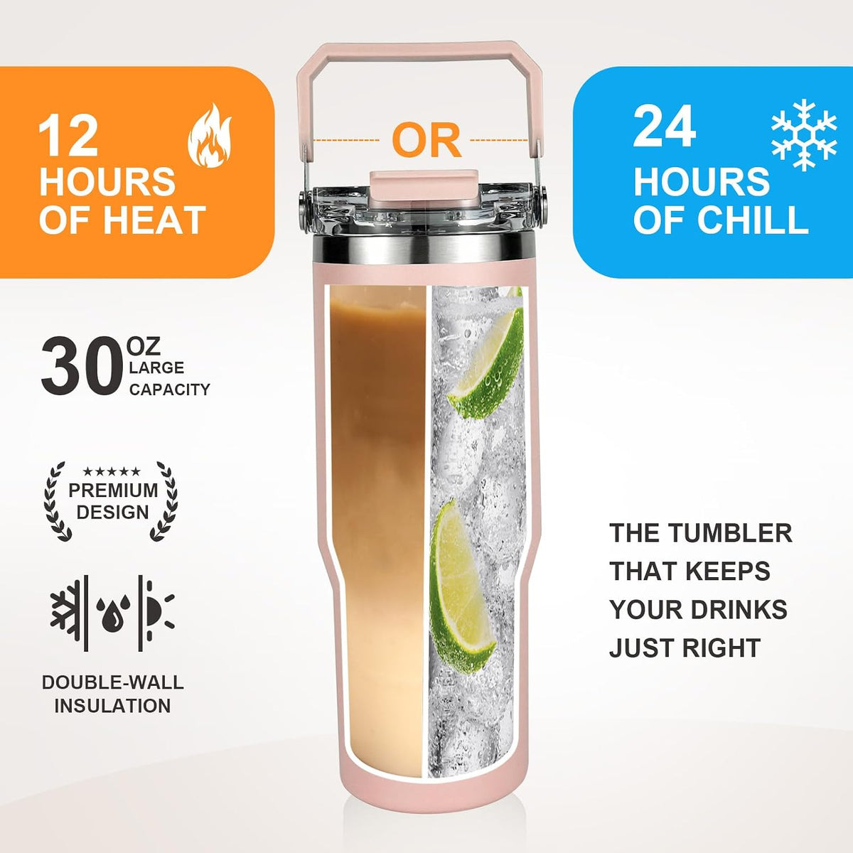 30 oz Insulated Tumbler with Handle and Flip Straw Lid - 100% Leak Proof Stainless Steel Water Bottle - Vacuum Sealed Travel Mug for Iced Coffee & Tea - Cupholder Friendly & BPA Free