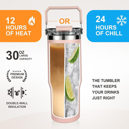 30 oz Insulated Tumbler with Handle and Flip Straw Lid - 100% Leak Proof Stainless Steel Water Bottle - Vacuum Sealed Travel Mug for Iced Coffee & Tea - Cupholder Friendly & BPA Free