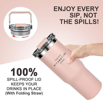 30 oz Insulated Tumbler with Handle and Flip Straw Lid - 100% Leak Proof Stainless Steel Water Bottle - Vacuum Sealed Travel Mug for Iced Coffee & Tea - Cupholder Friendly & BPA Free