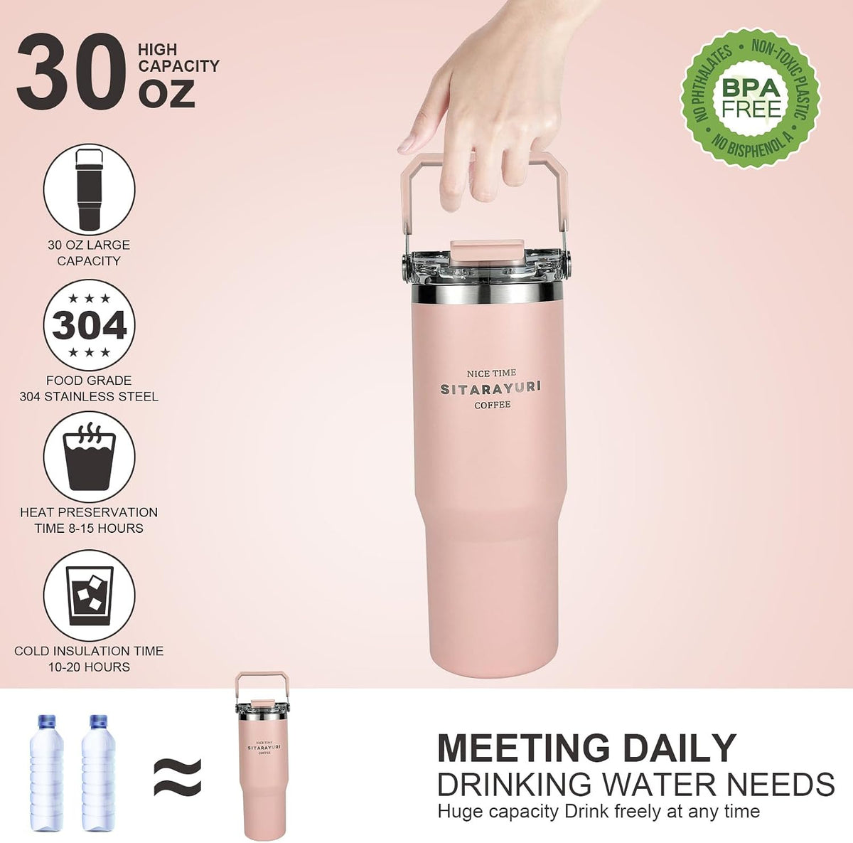 30 oz Insulated Tumbler with Handle and Flip Straw Lid - 100% Leak Proof Stainless Steel Water Bottle - Vacuum Sealed Travel Mug for Iced Coffee & Tea - Cupholder Friendly & BPA Free