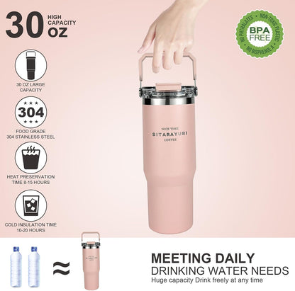 30 oz Insulated Tumbler with Handle and Flip Straw Lid - 100% Leak Proof Stainless Steel Water Bottle - Vacuum Sealed Travel Mug for Iced Coffee & Tea - Cupholder Friendly & BPA Free