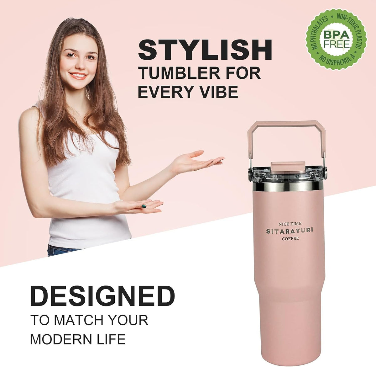 30 oz Insulated Tumbler with Handle and Flip Straw Lid - 100% Leak Proof Stainless Steel Water Bottle - Vacuum Sealed Travel Mug for Iced Coffee & Tea - Cupholder Friendly & BPA Free