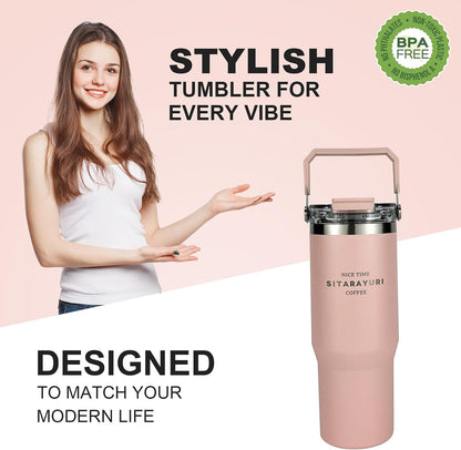 30 oz Insulated Tumbler with Handle and Flip Straw Lid - 100% Leak Proof Stainless Steel Water Bottle - Vacuum Sealed Travel Mug for Iced Coffee & Tea - Cupholder Friendly & BPA Free