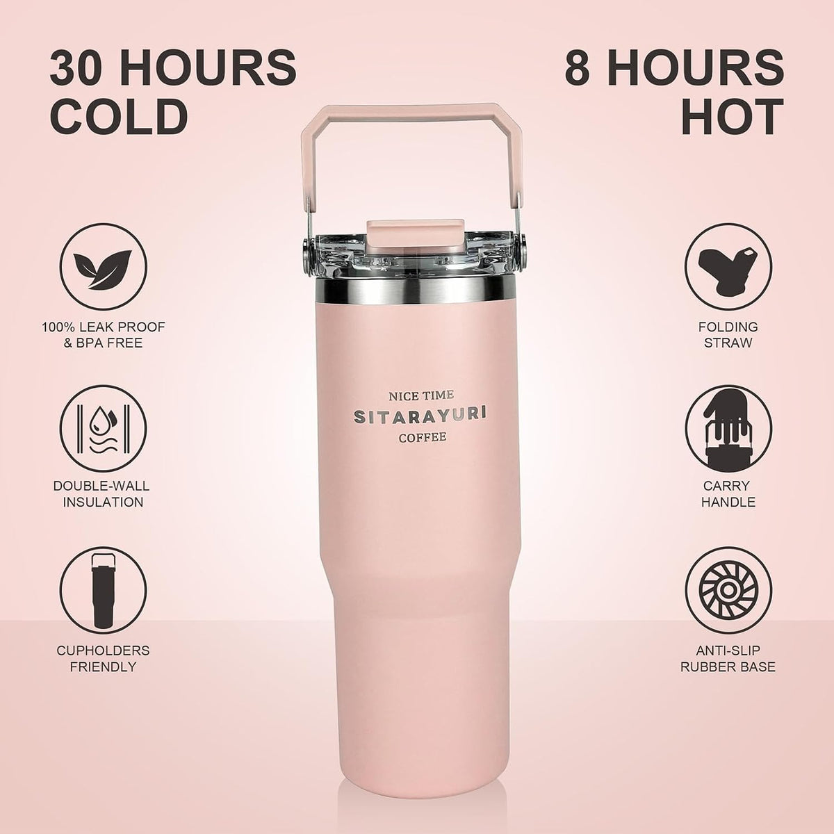 30 oz Insulated Tumbler with Handle and Flip Straw Lid - 100% Leak Proof Stainless Steel Water Bottle - Vacuum Sealed Travel Mug for Iced Coffee & Tea - Cupholder Friendly & BPA Free