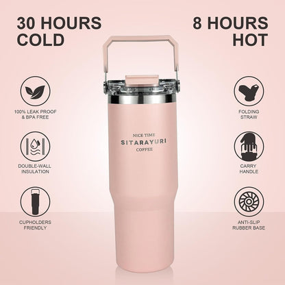 30 oz Insulated Tumbler with Handle and Flip Straw Lid - 100% Leak Proof Stainless Steel Water Bottle - Vacuum Sealed Travel Mug for Iced Coffee & Tea - Cupholder Friendly & BPA Free