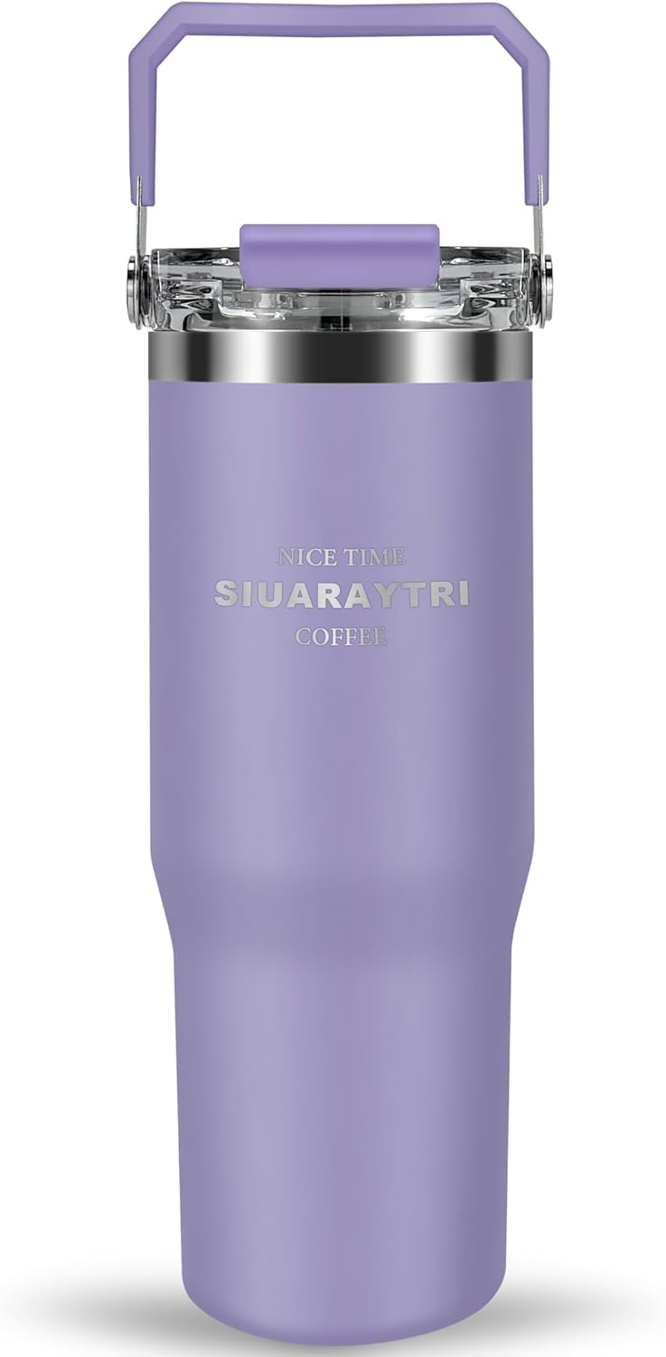 30 oz Insulated Tumbler with Handle and Flip Straw Lid - 100% Leak Proof Stainless Steel Water Bottle - Vacuum Sealed Travel Mug for Iced Coffee & Tea - Cupholder Friendly & BPA Free