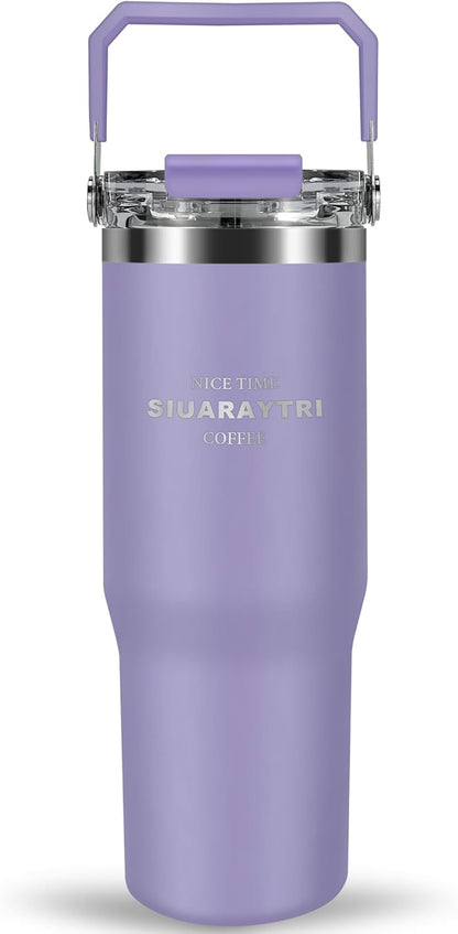 30 oz Insulated Tumbler with Handle and Flip Straw Lid - 100% Leak Proof Stainless Steel Water Bottle - Vacuum Sealed Travel Mug for Iced Coffee & Tea - Cupholder Friendly & BPA Free