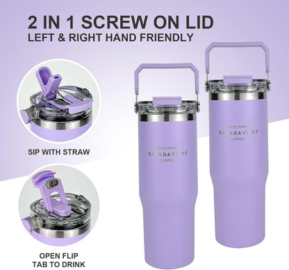 30 oz Insulated Tumbler with Handle and Flip Straw Lid - 100% Leak Proof Stainless Steel Water Bottle - Vacuum Sealed Travel Mug for Iced Coffee & Tea - Cupholder Friendly & BPA Free