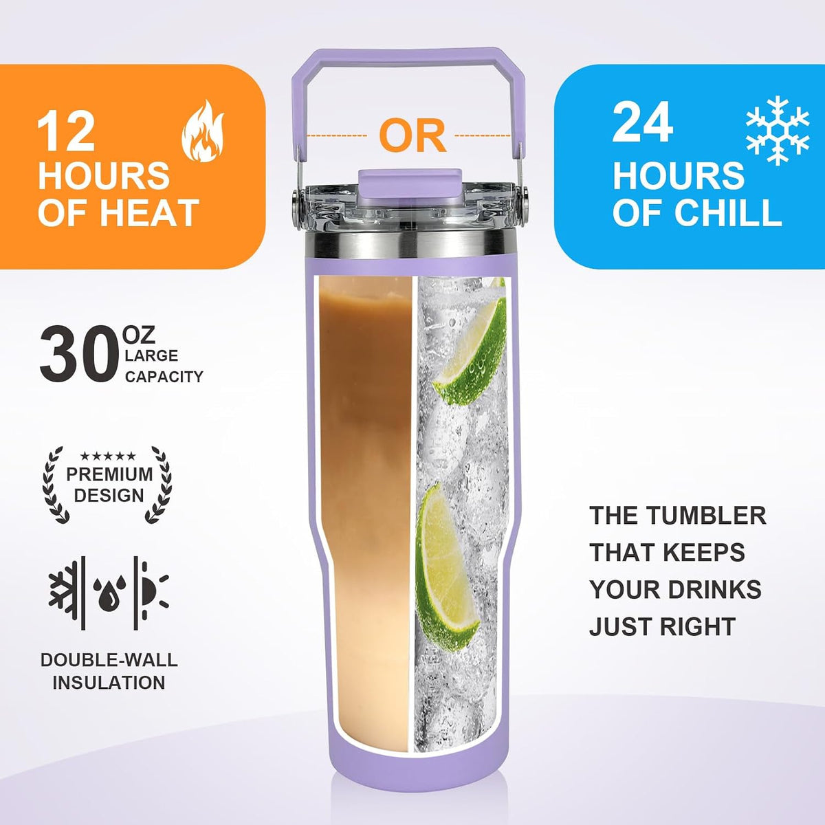 30 oz Insulated Tumbler with Handle and Flip Straw Lid - 100% Leak Proof Stainless Steel Water Bottle - Vacuum Sealed Travel Mug for Iced Coffee & Tea - Cupholder Friendly & BPA Free