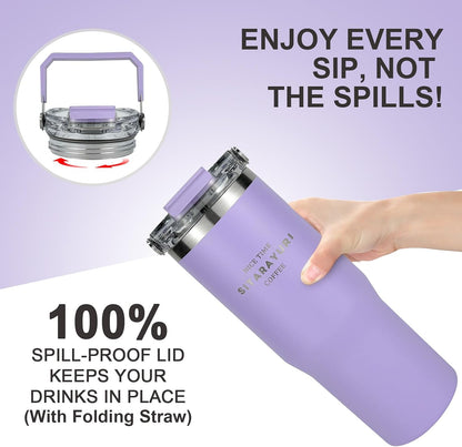 30 oz Insulated Tumbler with Handle and Flip Straw Lid - 100% Leak Proof Stainless Steel Water Bottle - Vacuum Sealed Travel Mug for Iced Coffee & Tea - Cupholder Friendly & BPA Free