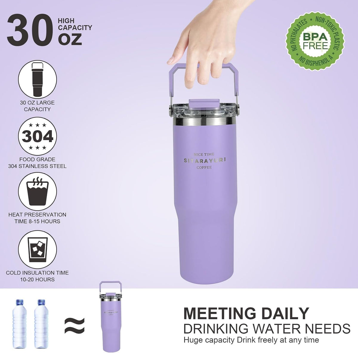 30 oz Insulated Tumbler with Handle and Flip Straw Lid - 100% Leak Proof Stainless Steel Water Bottle - Vacuum Sealed Travel Mug for Iced Coffee & Tea - Cupholder Friendly & BPA Free