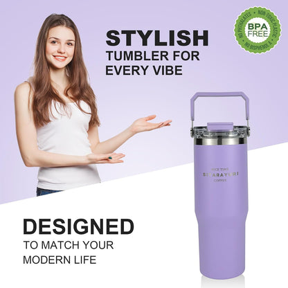 30 oz Insulated Tumbler with Handle and Flip Straw Lid - 100% Leak Proof Stainless Steel Water Bottle - Vacuum Sealed Travel Mug for Iced Coffee & Tea - Cupholder Friendly & BPA Free