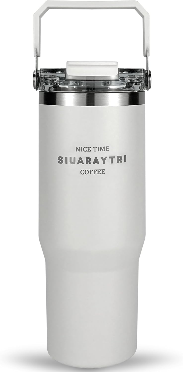 30 oz Insulated Tumbler with Handle and Flip Straw Lid - 100% Leak Proof Stainless Steel Water Bottle - Vacuum Sealed Travel Mug for Iced Coffee & Tea - Cupholder Friendly & BPA Free
