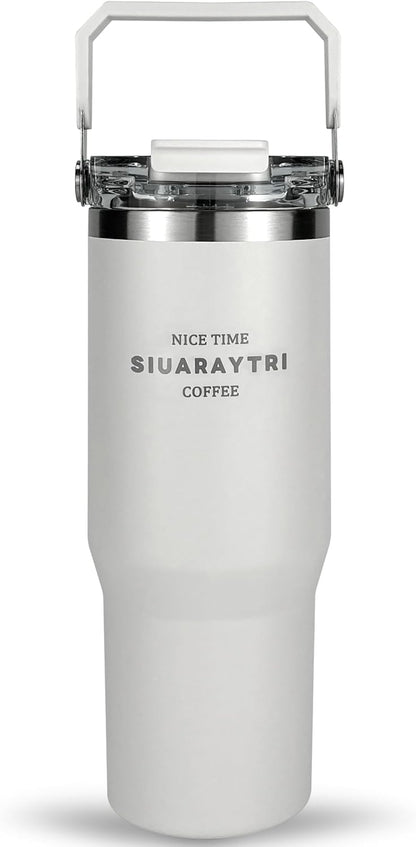 30 oz Insulated Tumbler with Handle and Flip Straw Lid - 100% Leak Proof Stainless Steel Water Bottle - Vacuum Sealed Travel Mug for Iced Coffee & Tea - Cupholder Friendly & BPA Free