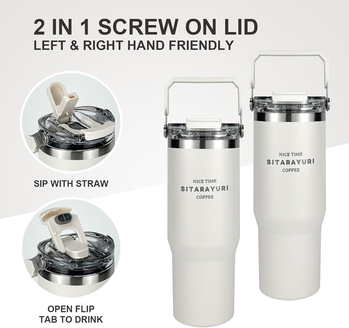 30 oz Insulated Tumbler with Handle and Flip Straw Lid - 100% Leak Proof Stainless Steel Water Bottle - Vacuum Sealed Travel Mug for Iced Coffee & Tea - Cupholder Friendly & BPA Free