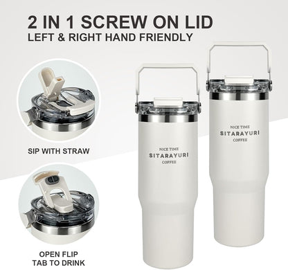 30 oz Insulated Tumbler with Handle and Flip Straw Lid - 100% Leak Proof Stainless Steel Water Bottle - Vacuum Sealed Travel Mug for Iced Coffee & Tea - Cupholder Friendly & BPA Free