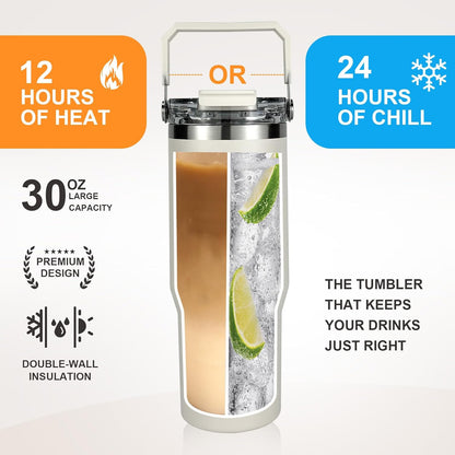 30 oz Insulated Tumbler with Handle and Flip Straw Lid - 100% Leak Proof Stainless Steel Water Bottle - Vacuum Sealed Travel Mug for Iced Coffee & Tea - Cupholder Friendly & BPA Free