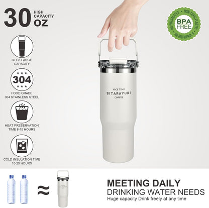 30 oz Insulated Tumbler with Handle and Flip Straw Lid - 100% Leak Proof Stainless Steel Water Bottle - Vacuum Sealed Travel Mug for Iced Coffee & Tea - Cupholder Friendly & BPA Free