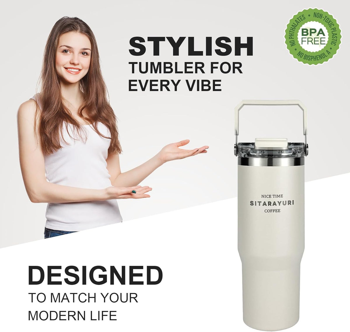 30 oz Insulated Tumbler with Handle and Flip Straw Lid - 100% Leak Proof Stainless Steel Water Bottle - Vacuum Sealed Travel Mug for Iced Coffee & Tea - Cupholder Friendly & BPA Free