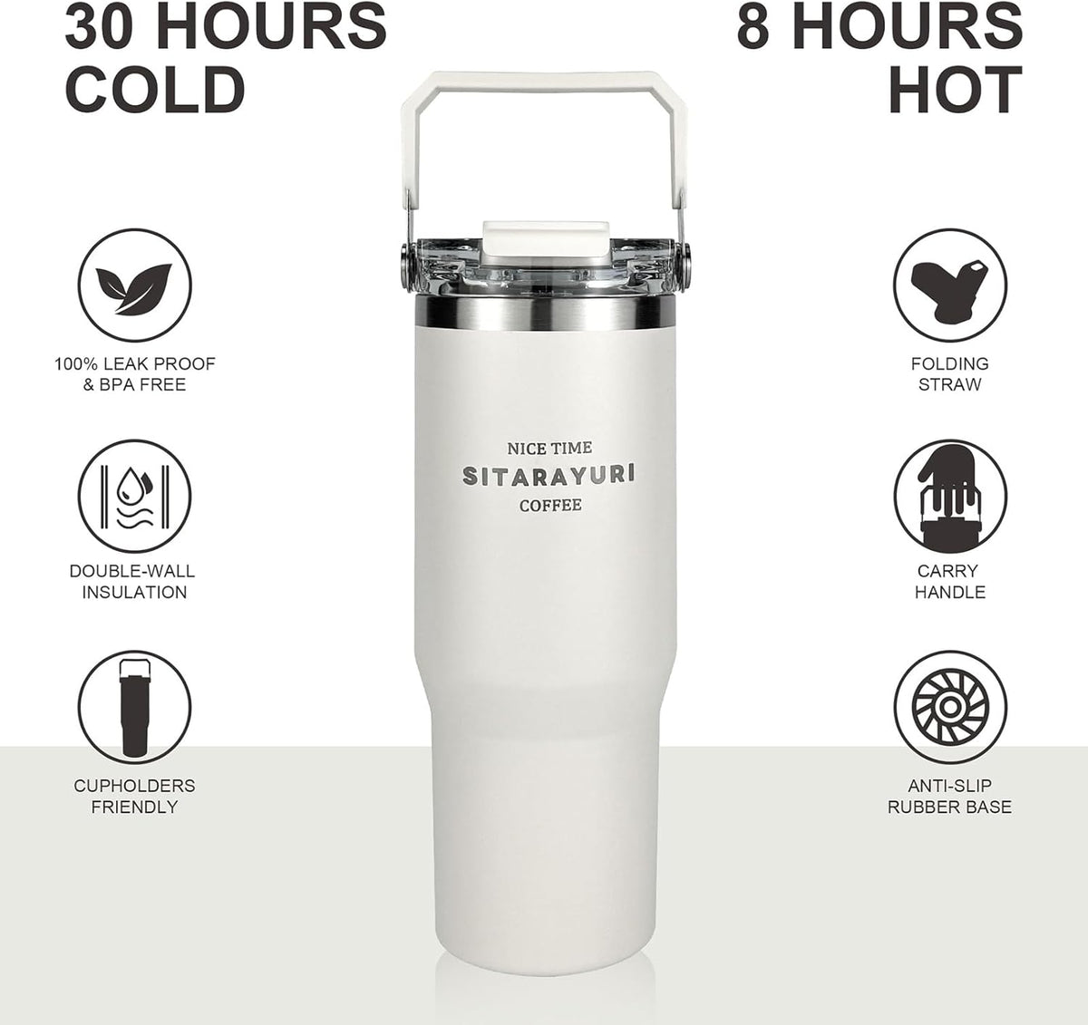 30 oz Insulated Tumbler with Handle and Flip Straw Lid - 100% Leak Proof Stainless Steel Water Bottle - Vacuum Sealed Travel Mug for Iced Coffee & Tea - Cupholder Friendly & BPA Free